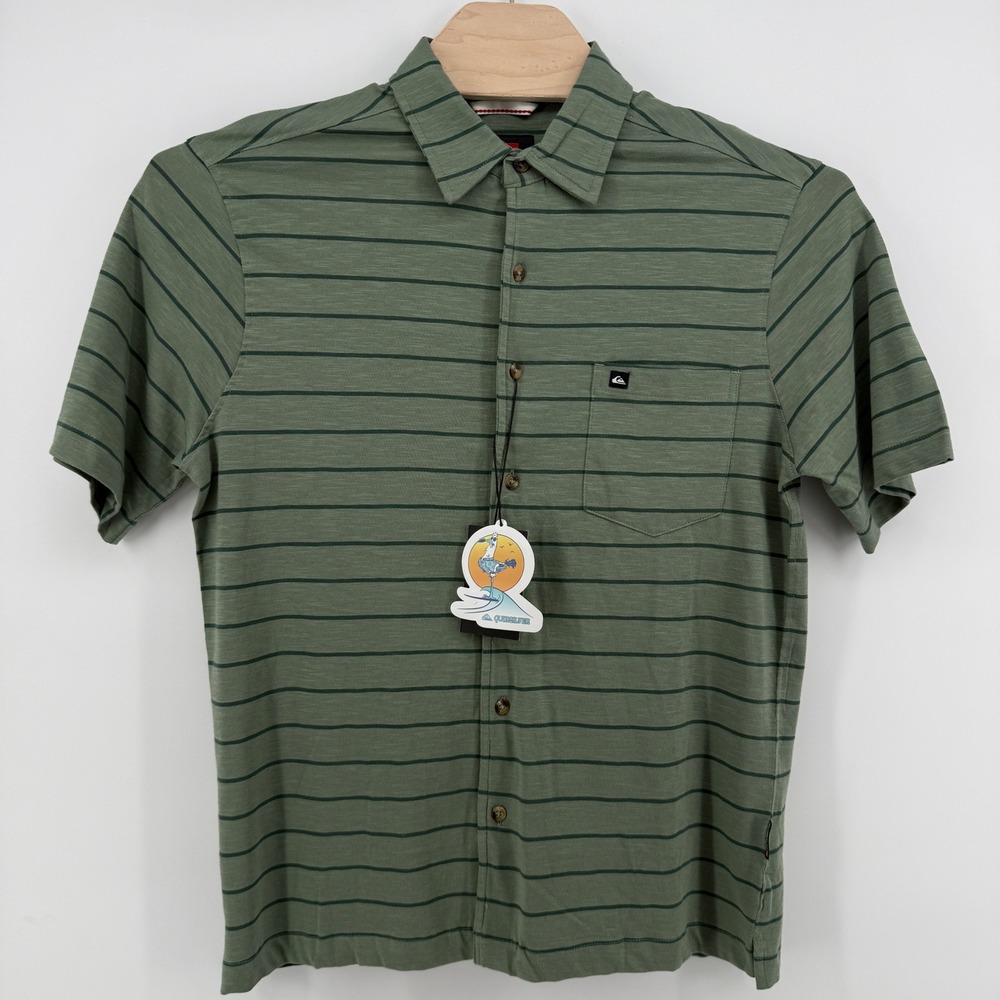 Quiksilver Shirt Mens M Sage Green Striped Short Sleeve Button Up NWT